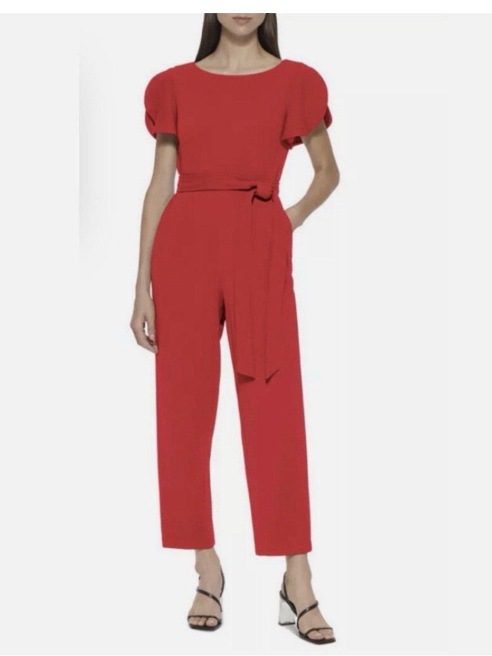 Calvin Klein Orange Short-Sleeve Jumpsuit with Waist Tie